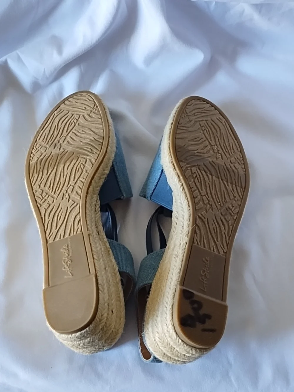 Life Stride Denim Blue Canvas Espadrille Wedge Sandals